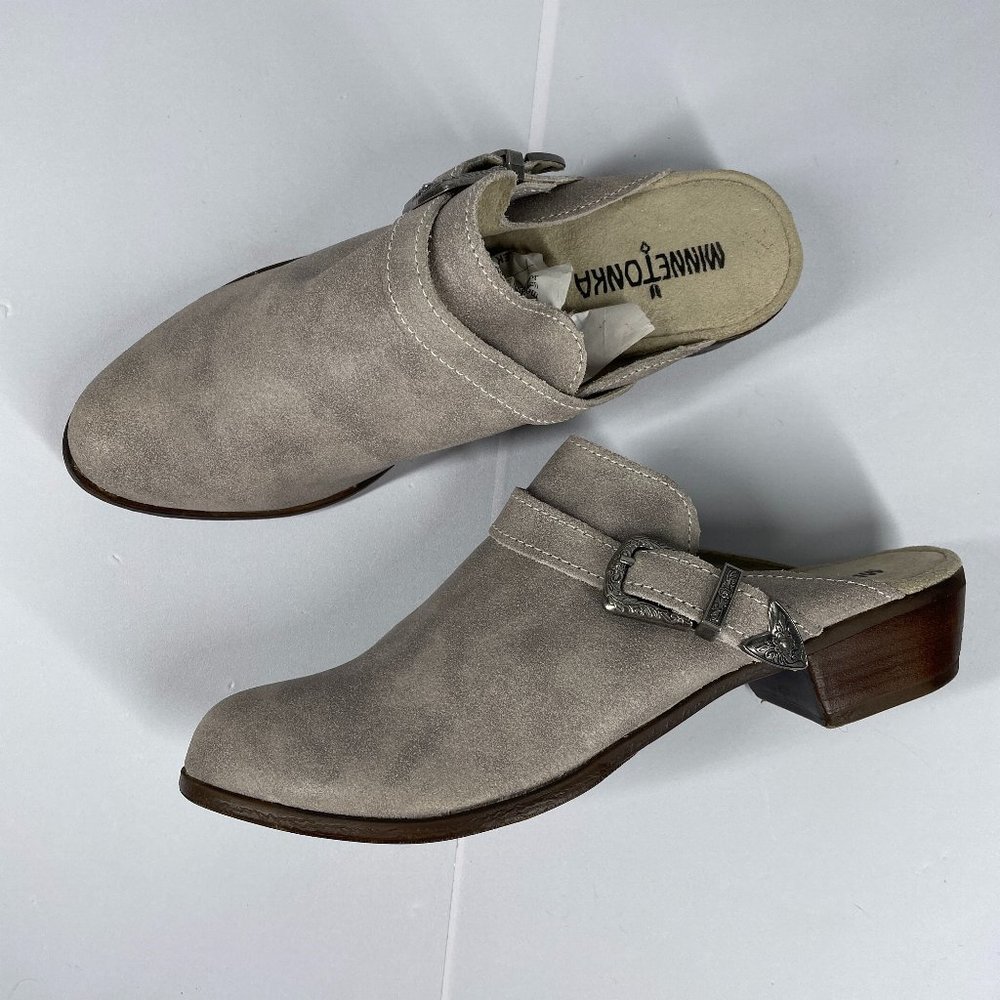 Minnetonka Gray Mules with Brown Heel